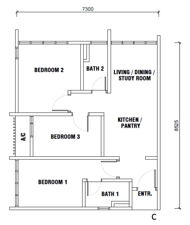 Gen Sphere Type C Floor Plan - 652 sqft dual key family layout